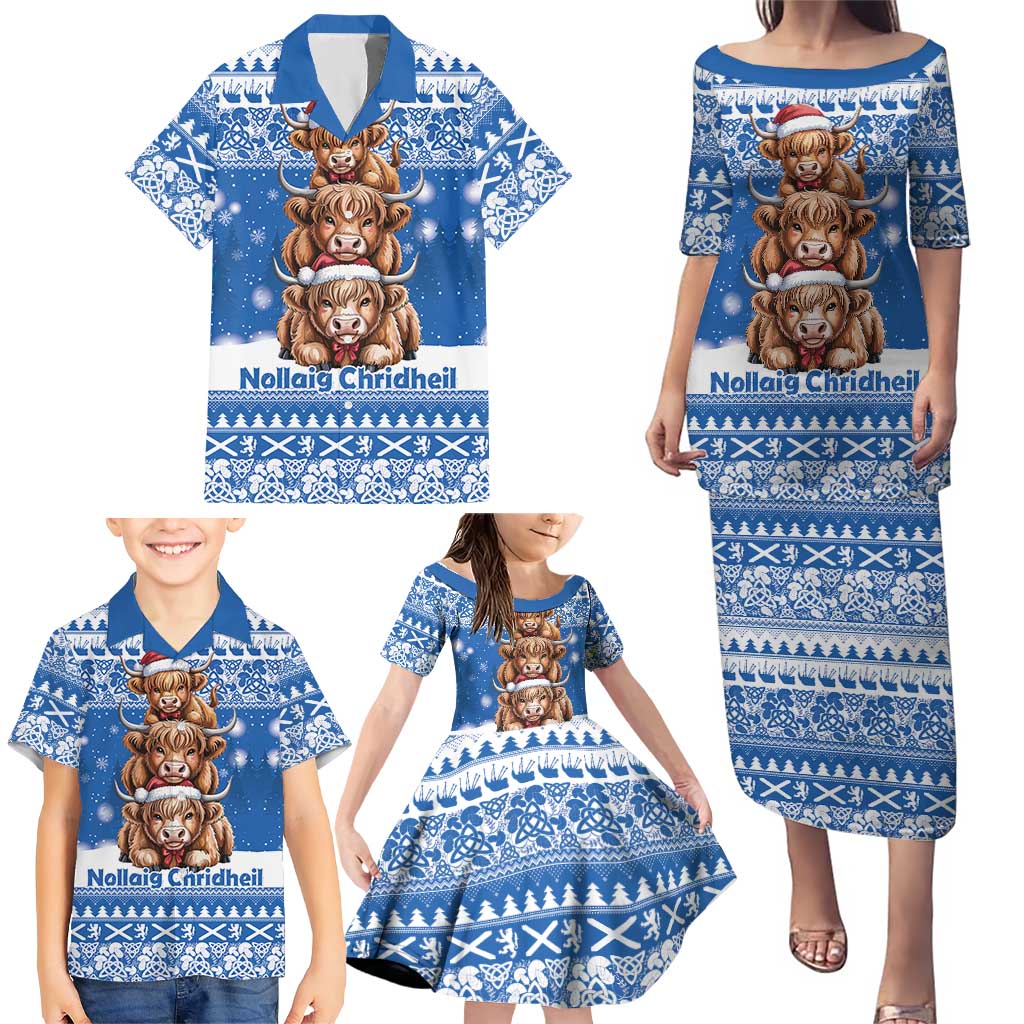 Scotland Highland Cow Christmas Family Matching Puletasi and Hawaiian Shirt Nollaig Chridheil Blue Winter - Wonder Print Shop