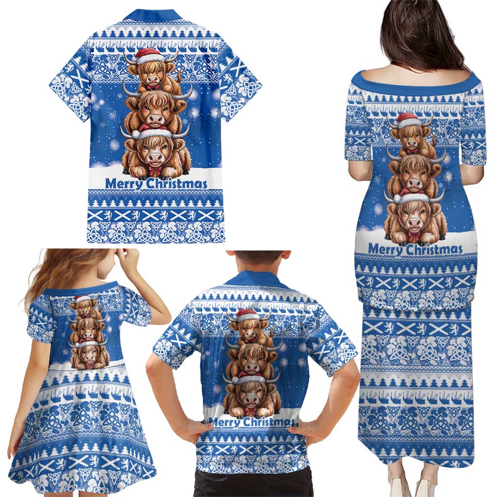 Scotland Highland Cow Christmas Family Matching Puletasi and Hawaiian Shirt Nollaig Chridheil Blue Winter - Wonder Print Shop