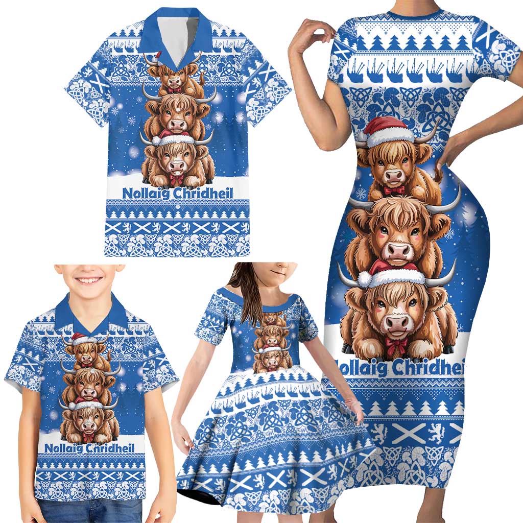 Scotland Highland Cow Christmas Family Matching Short Sleeve Bodycon Dress and Hawaiian Shirt Nollaig Chridheil Blue Winter - Wonder Print Shop
