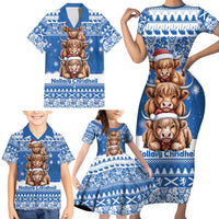 Scotland Highland Cow Christmas Family Matching Short Sleeve Bodycon Dress and Hawaiian Shirt Nollaig Chridheil Blue Winter - Wonder Print Shop
