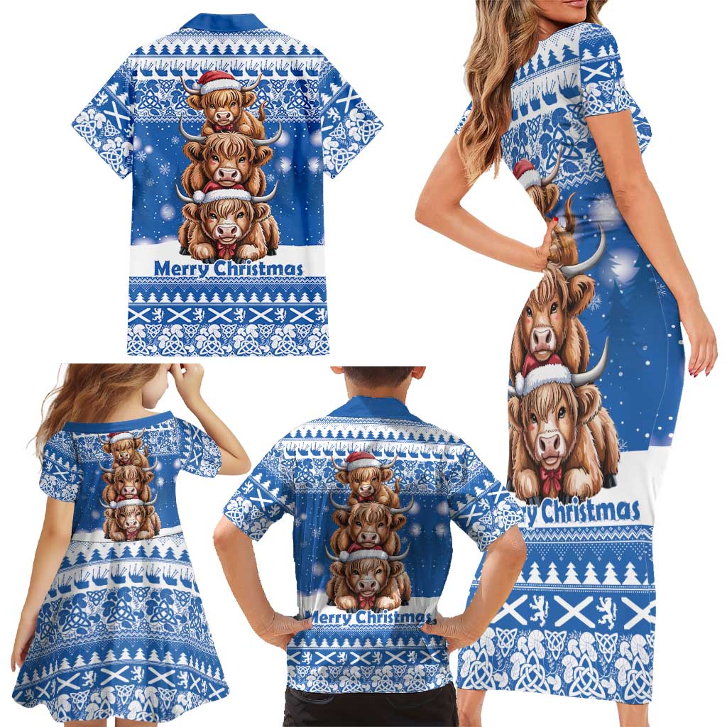 Scotland Highland Cow Christmas Family Matching Short Sleeve Bodycon Dress and Hawaiian Shirt Nollaig Chridheil Blue Winter - Wonder Print Shop