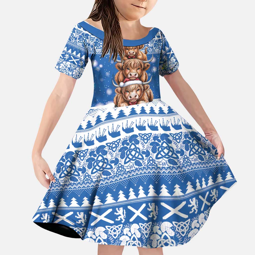 Scotland Highland Cow Christmas Family Matching Summer Maxi Dress and Hawaiian Shirt Nollaig Chridheil Blue Winter - Wonder Print Shop
