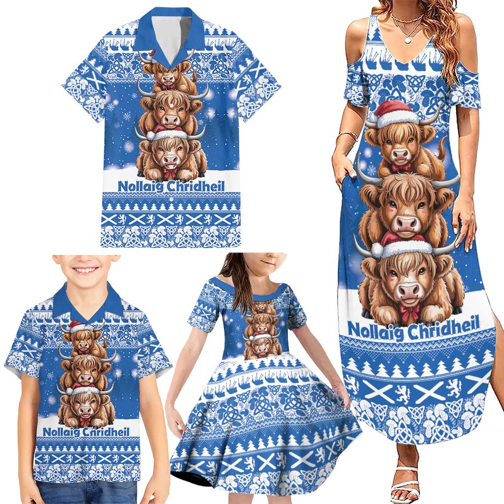 Scotland Highland Cow Christmas Family Matching Summer Maxi Dress and Hawaiian Shirt Nollaig Chridheil Blue Winter - Wonder Print Shop