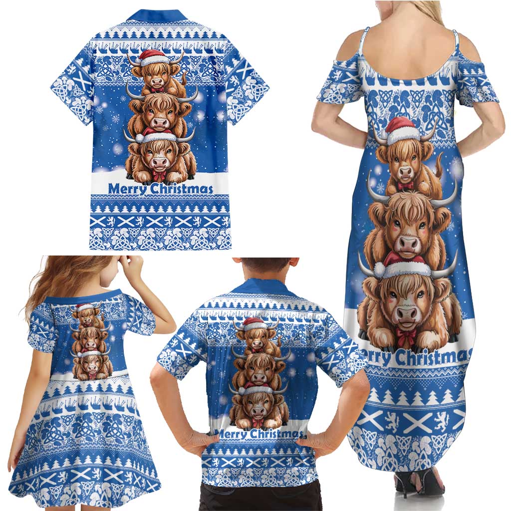 Scotland Highland Cow Christmas Family Matching Summer Maxi Dress and Hawaiian Shirt Nollaig Chridheil Blue Winter - Wonder Print Shop