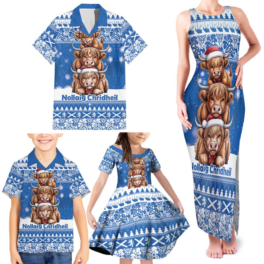 Scotland Highland Cow Christmas Family Matching Tank Maxi Dress and Hawaiian Shirt Nollaig Chridheil Blue Winter - Wonder Print Shop