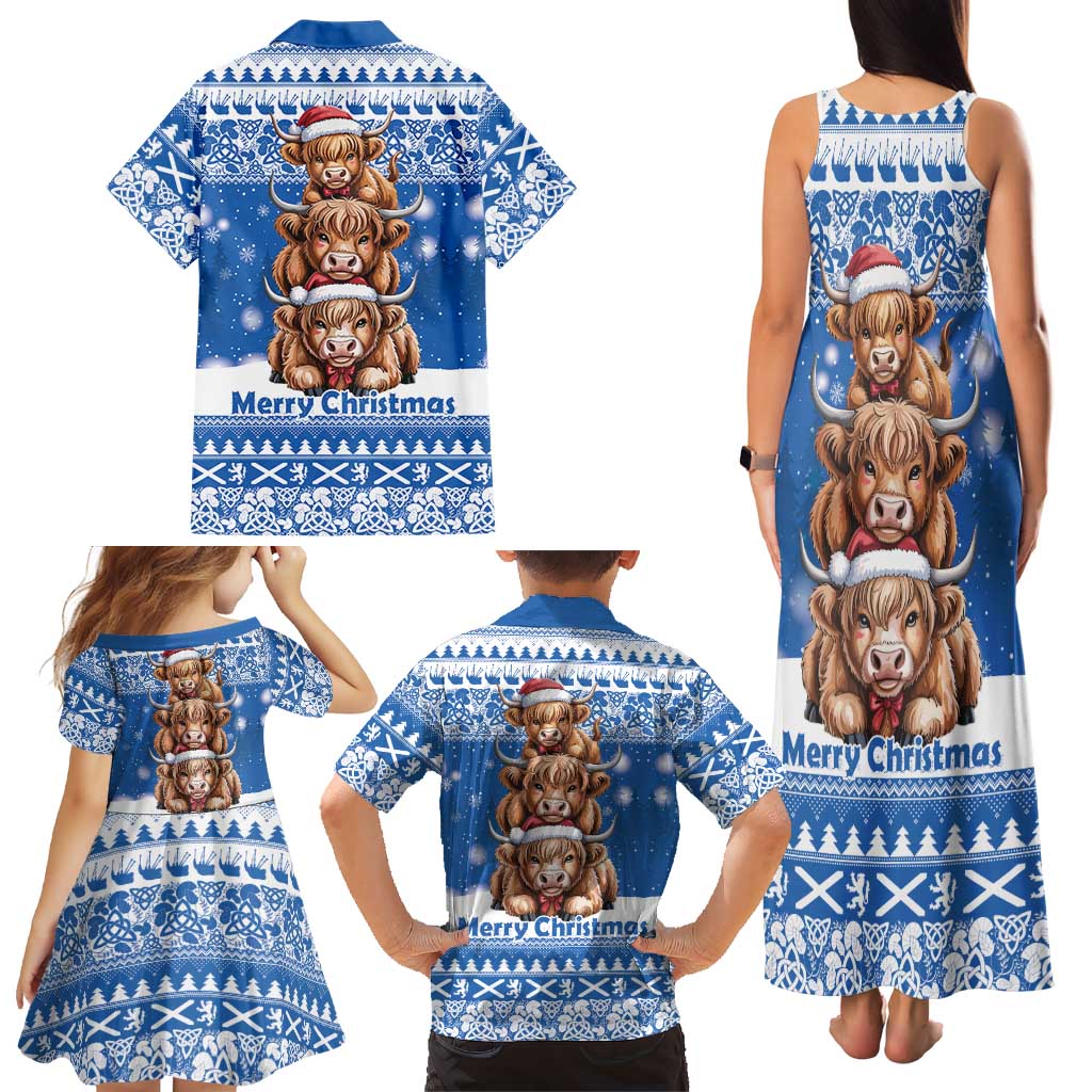 Scotland Highland Cow Christmas Family Matching Tank Maxi Dress and Hawaiian Shirt Nollaig Chridheil Blue Winter - Wonder Print Shop