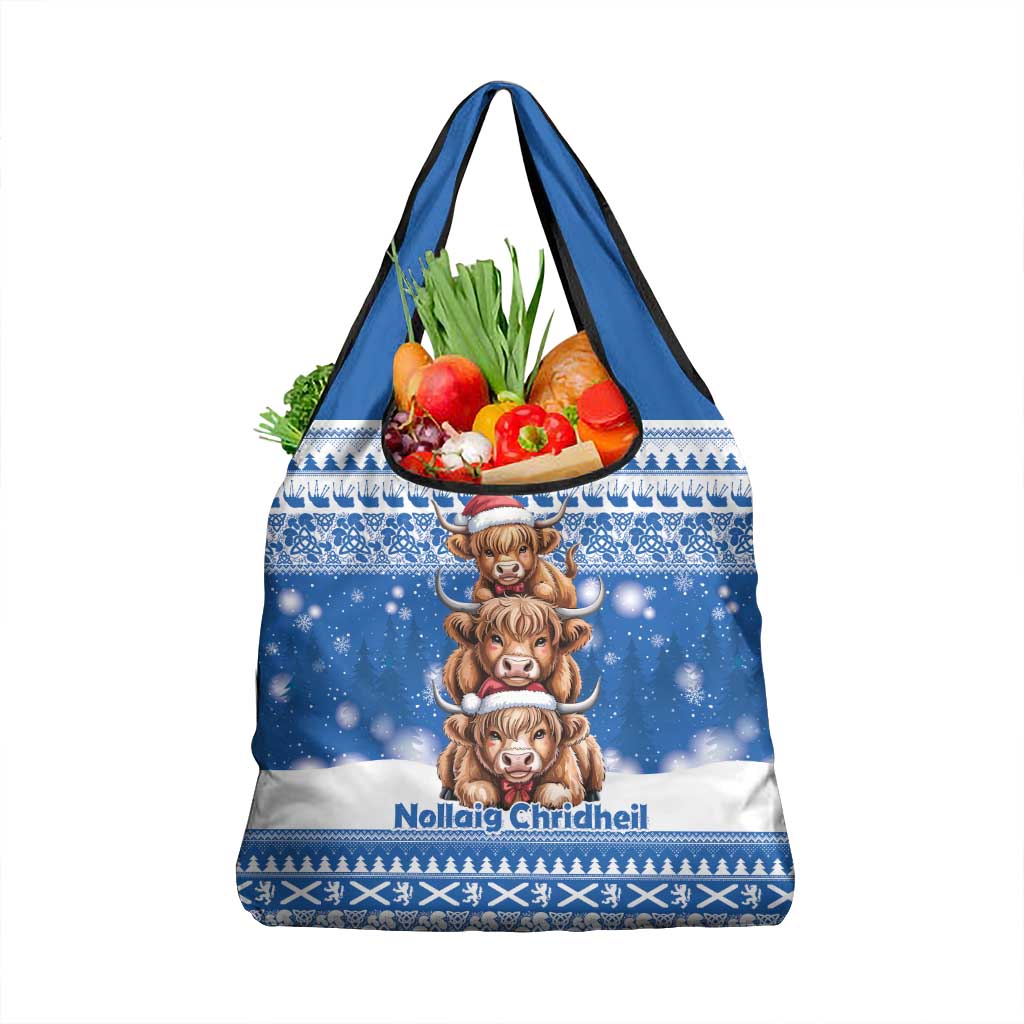 Scotland Highland Cow Christmas Grocery Bag Nollaig Chridheil Blue Winter - Wonder Print Shop
