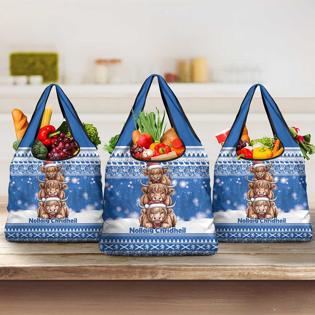 Scotland Highland Cow Christmas Grocery Bag Nollaig Chridheil Blue Winter - Wonder Print Shop