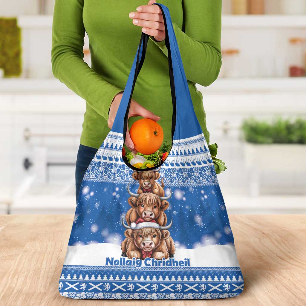 Scotland Highland Cow Christmas Grocery Bag Nollaig Chridheil Blue Winter - Wonder Print Shop