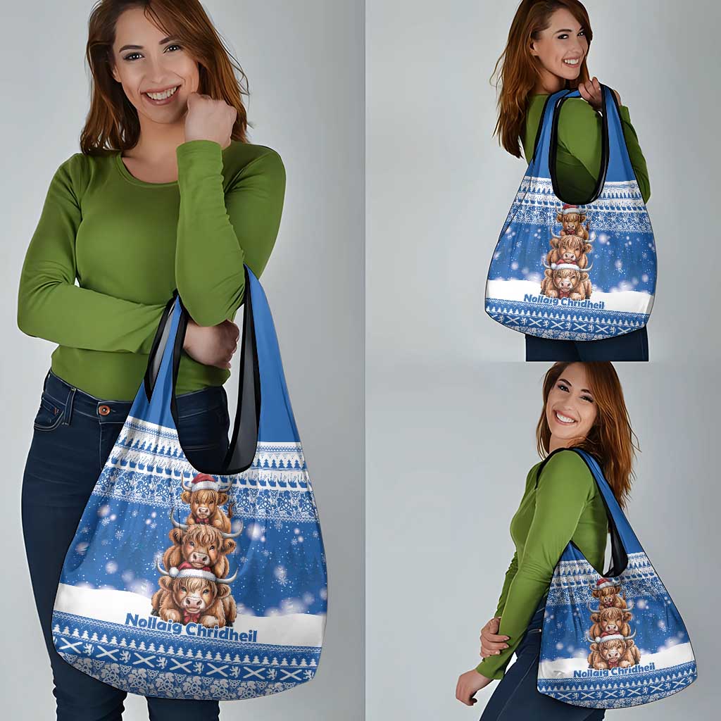Scotland Highland Cow Christmas Grocery Bag Nollaig Chridheil Blue Winter - Wonder Print Shop