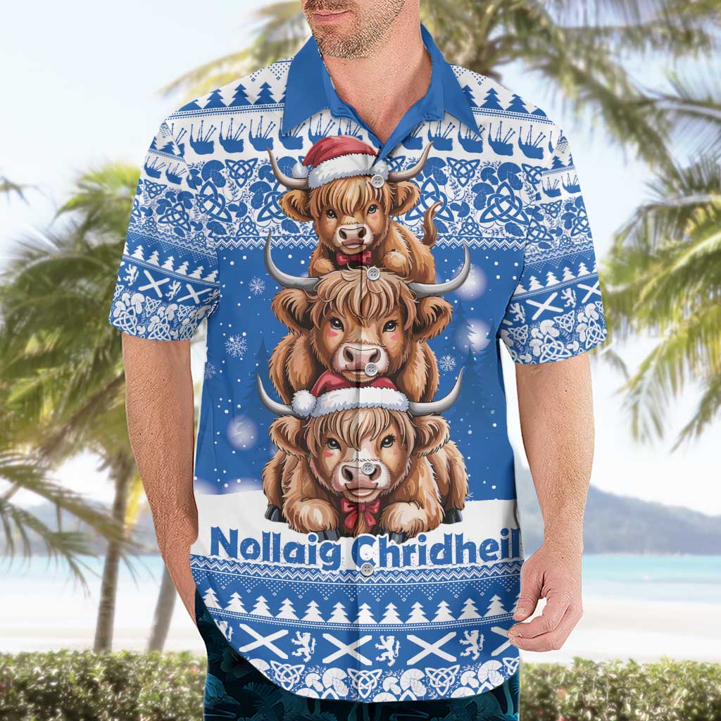 Scotland Highland Cow Christmas Hawaiian Shirt Nollaig Chridheil Blue Winter - Wonder Print Shop