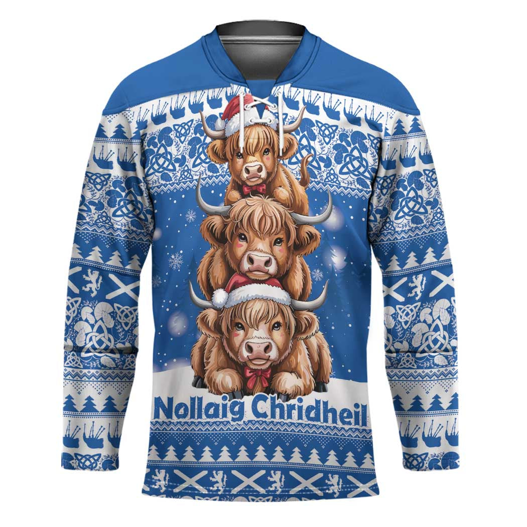 Scotland Highland Cow Christmas Hockey Jersey Nollaig Chridheil Blue Winter - Wonder Print Shop