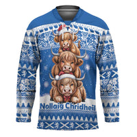 Scotland Highland Cow Christmas Hockey Jersey Nollaig Chridheil Blue Winter - Wonder Print Shop