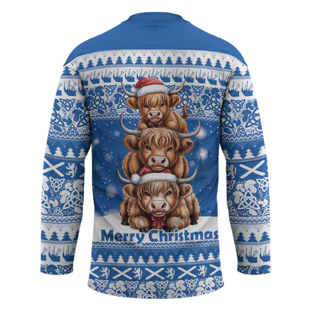 Scotland Highland Cow Christmas Hockey Jersey Nollaig Chridheil Blue Winter - Wonder Print Shop