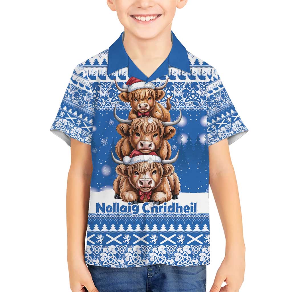 Scotland Highland Cow Christmas Kid Hawaiian Shirt Nollaig Chridheil Blue Winter - Wonder Print Shop