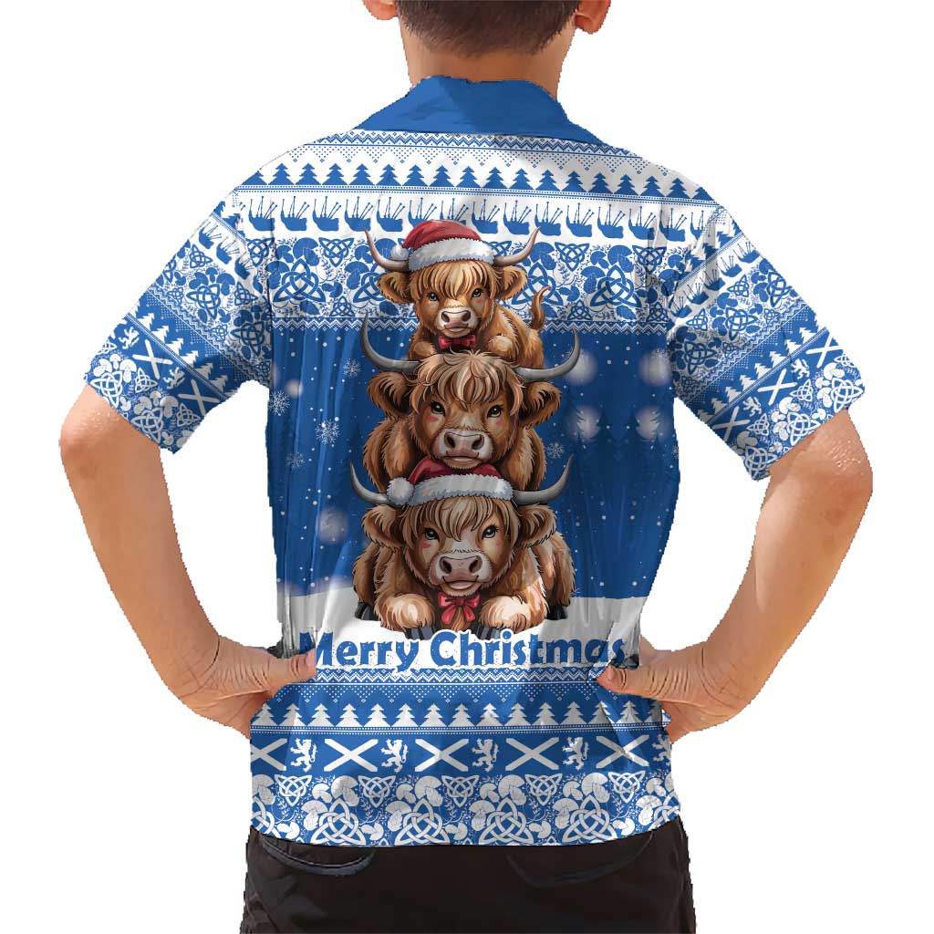 Scotland Highland Cow Christmas Kid Hawaiian Shirt Nollaig Chridheil Blue Winter - Wonder Print Shop