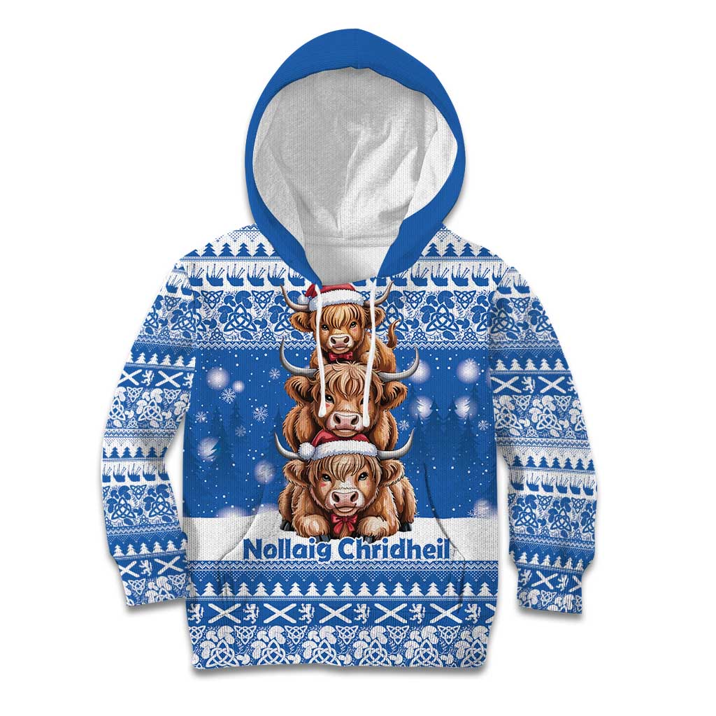 Scotland Highland Cow Christmas Kid Hoodie Nollaig Chridheil Blue Winter - Wonder Print Shop