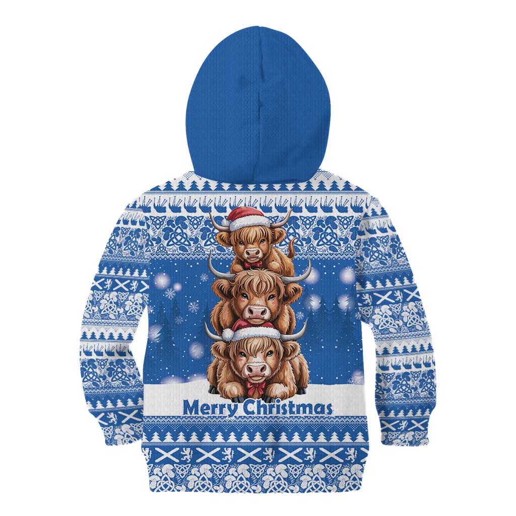 Scotland Highland Cow Christmas Kid Hoodie Nollaig Chridheil Blue Winter - Wonder Print Shop