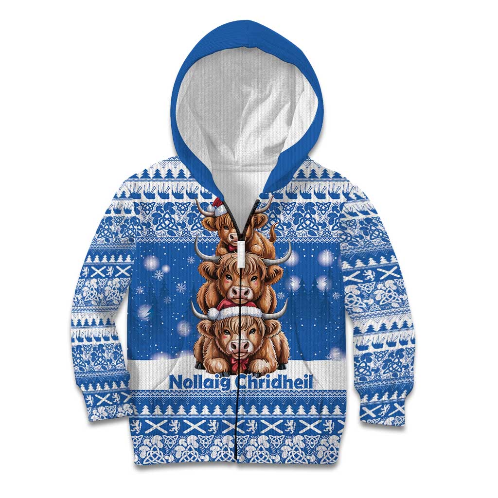 Scotland Highland Cow Christmas Kid Hoodie Nollaig Chridheil Blue Winter - Wonder Print Shop