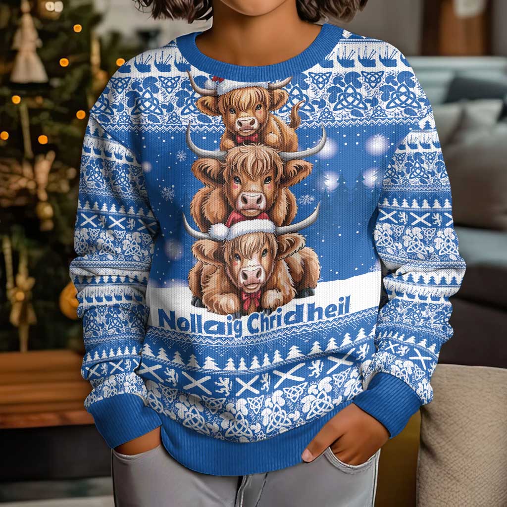 Scotland Highland Cow Christmas Kid Ugly Christmas Sweater Nollaig Chridheil Blue Winter - Wonder Print Shop