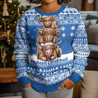 Scotland Highland Cow Christmas Kid Ugly Christmas Sweater Nollaig Chridheil Blue Winter - Wonder Print Shop