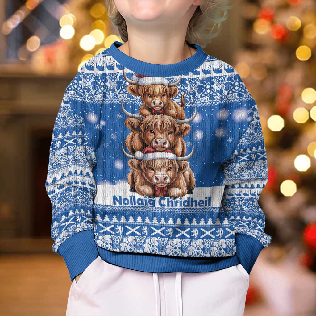 Scotland Highland Cow Christmas Kid Ugly Christmas Sweater Nollaig Chridheil Blue Winter - Wonder Print Shop