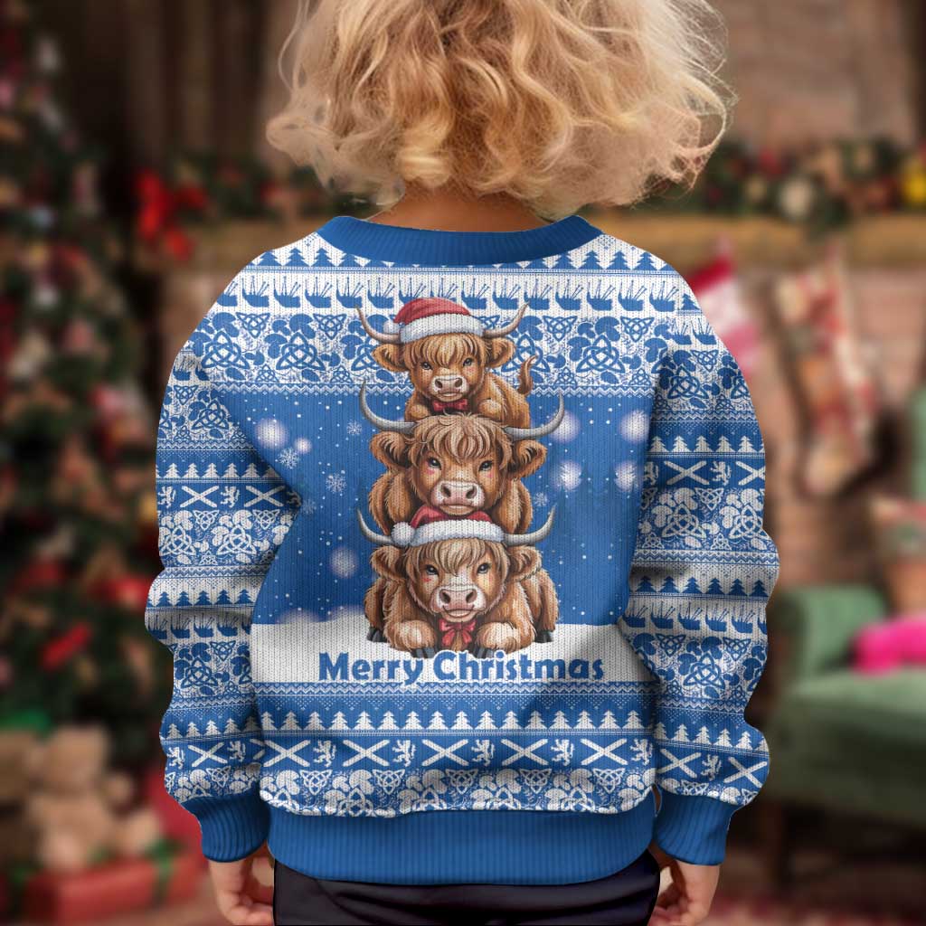 Scotland Highland Cow Christmas Kid Ugly Christmas Sweater Nollaig Chridheil Blue Winter - Wonder Print Shop