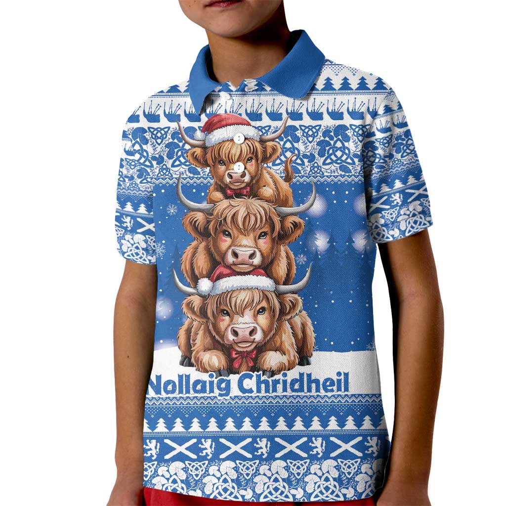 Scotland Highland Cow Christmas Kid Polo Shirt Nollaig Chridheil Blue Winter - Wonder Print Shop