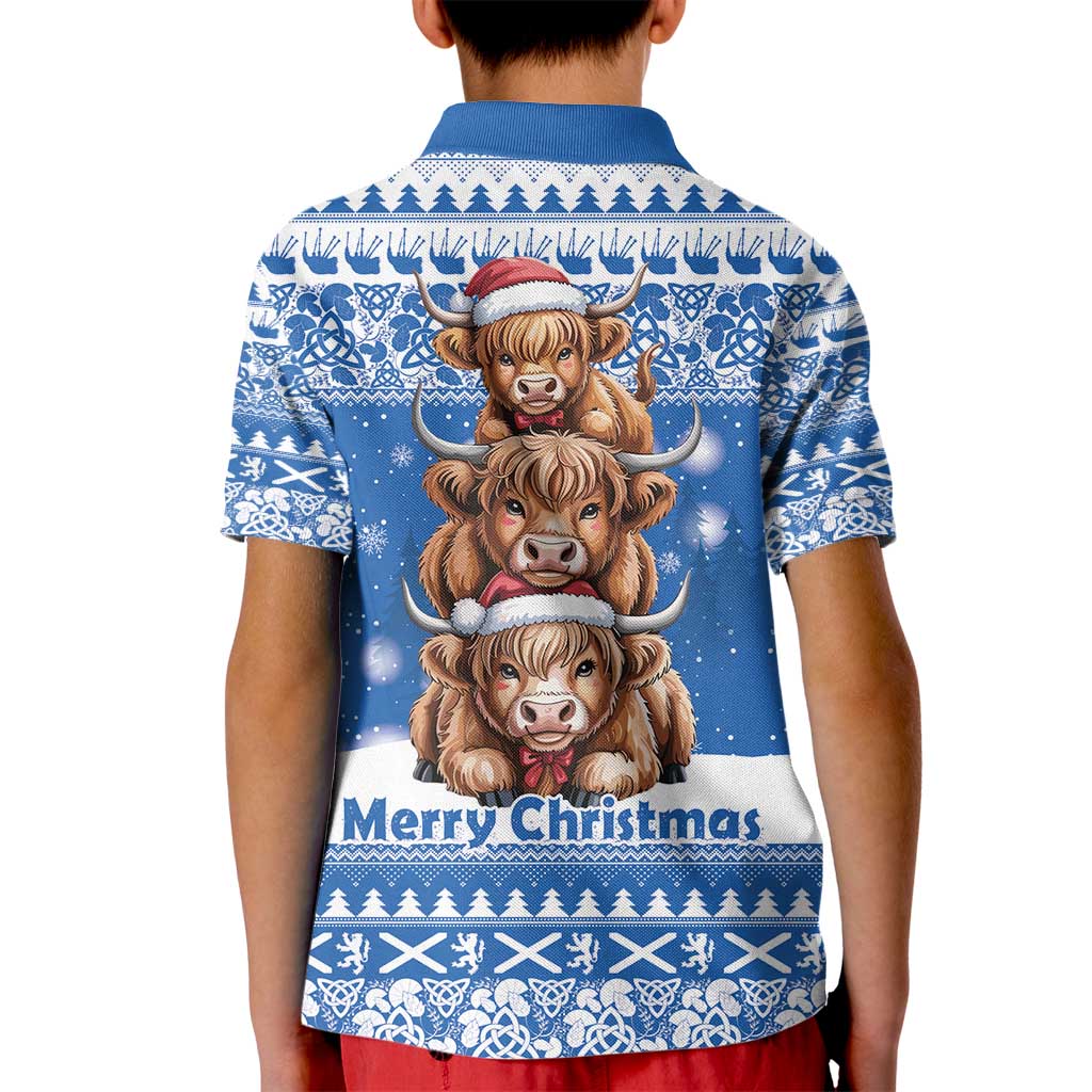 Scotland Highland Cow Christmas Kid Polo Shirt Nollaig Chridheil Blue Winter - Wonder Print Shop