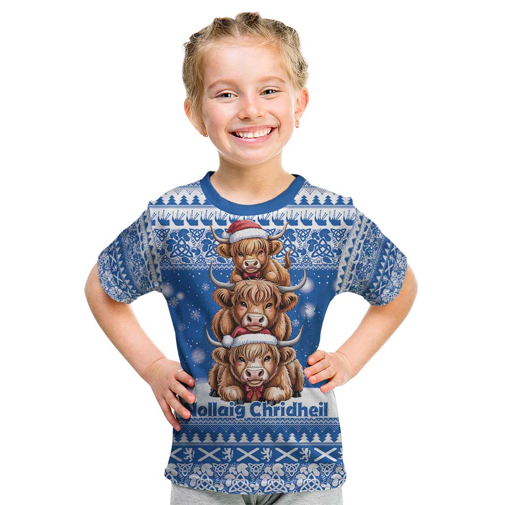 Scotland Highland Cow Christmas Kid T Shirt Nollaig Chridheil Blue Winter - Wonder Print Shop