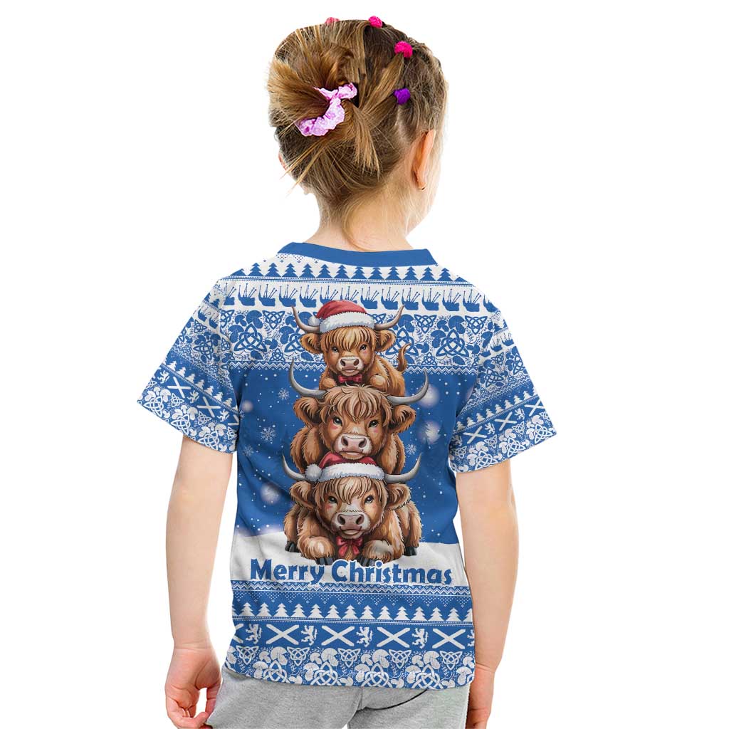 Scotland Highland Cow Christmas Kid T Shirt Nollaig Chridheil Blue Winter - Wonder Print Shop