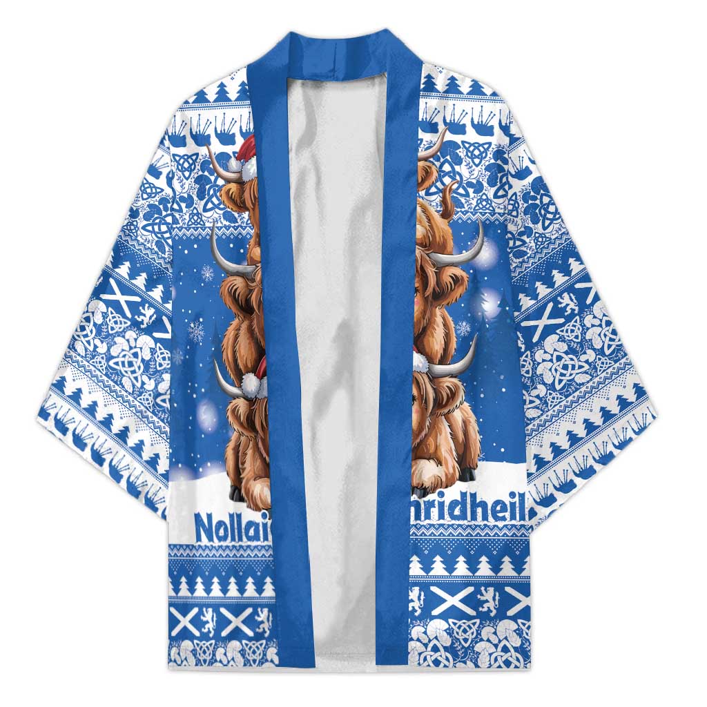 Scotland Highland Cow Christmas Kimono Nollaig Chridheil Blue Winter - Wonder Print Shop