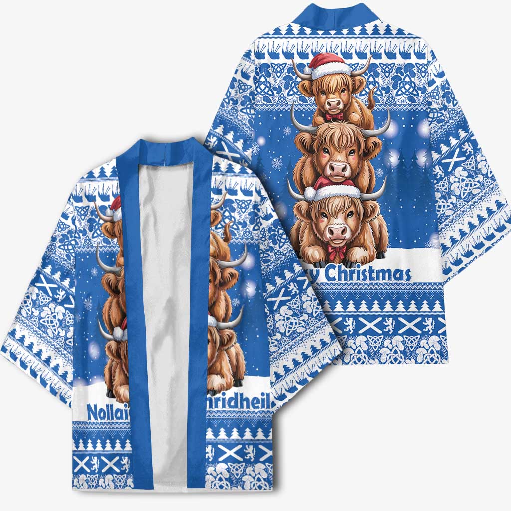 Scotland Highland Cow Christmas Kimono Nollaig Chridheil Blue Winter - Wonder Print Shop