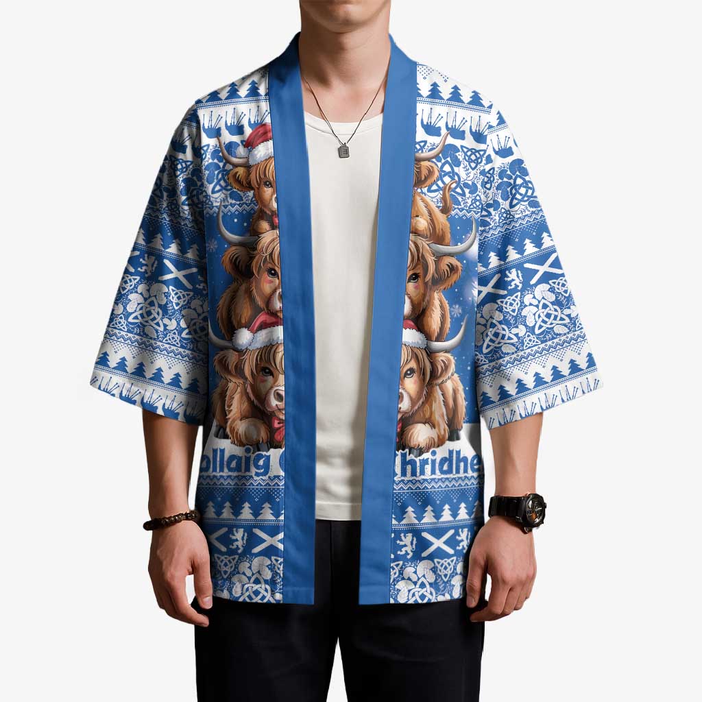 Scotland Highland Cow Christmas Kimono Nollaig Chridheil Blue Winter - Wonder Print Shop