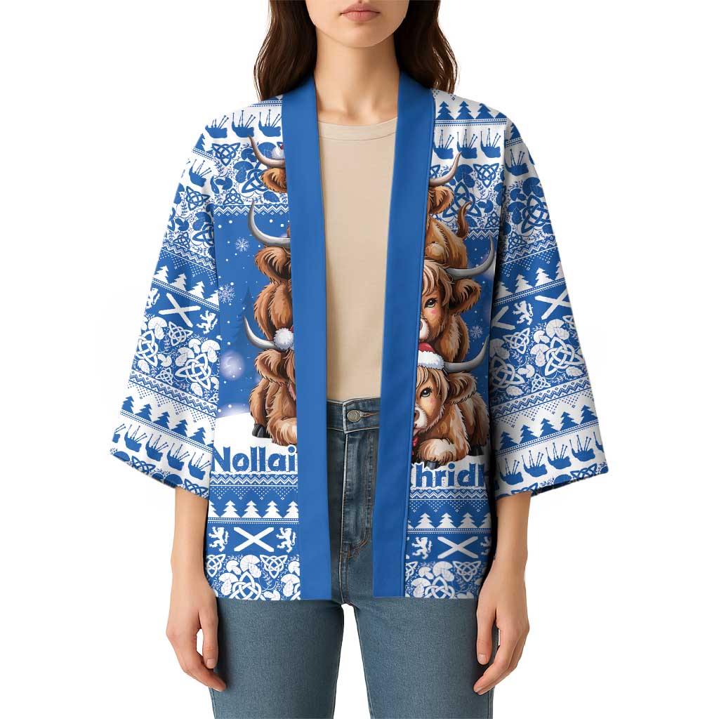 Scotland Highland Cow Christmas Kimono Nollaig Chridheil Blue Winter - Wonder Print Shop