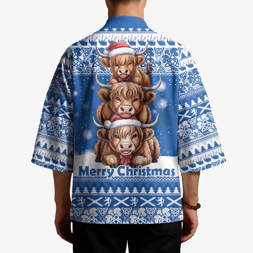 Scotland Highland Cow Christmas Kimono Nollaig Chridheil Blue Winter - Wonder Print Shop