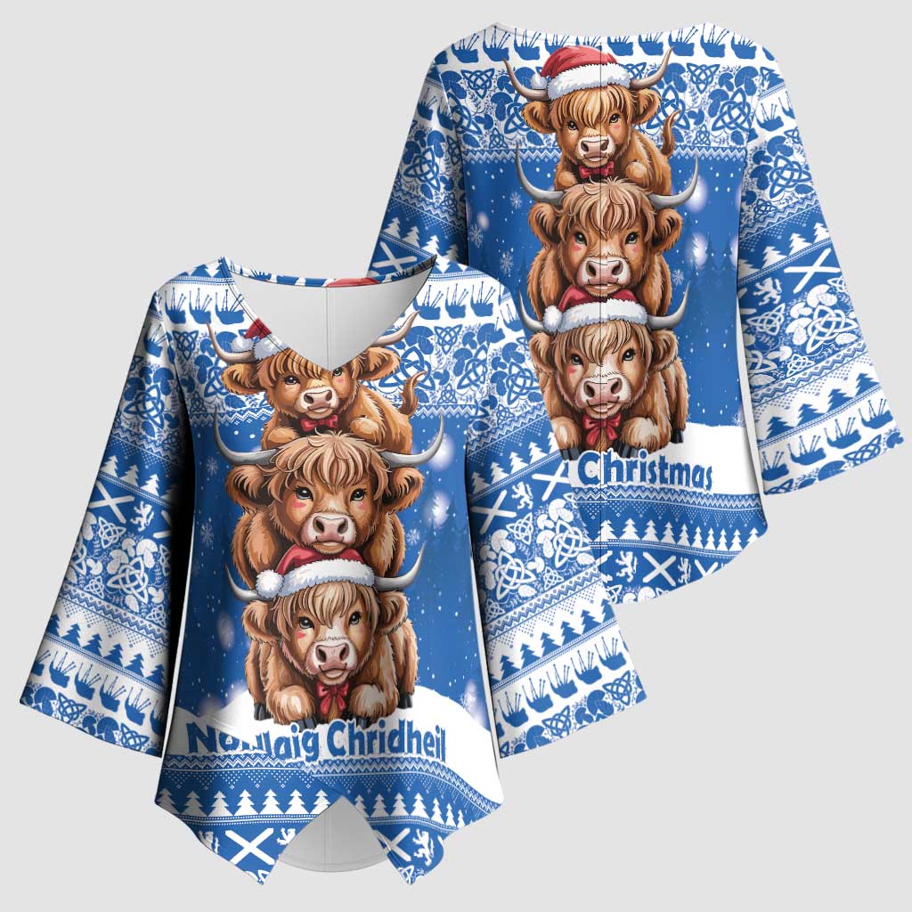 Scotland Highland Cow Christmas Kimono Sleeve Blouse Nollaig Chridheil Blue Winter - Wonder Print Shop