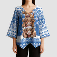 Scotland Highland Cow Christmas Kimono Sleeve Blouse Nollaig Chridheil Blue Winter - Wonder Print Shop