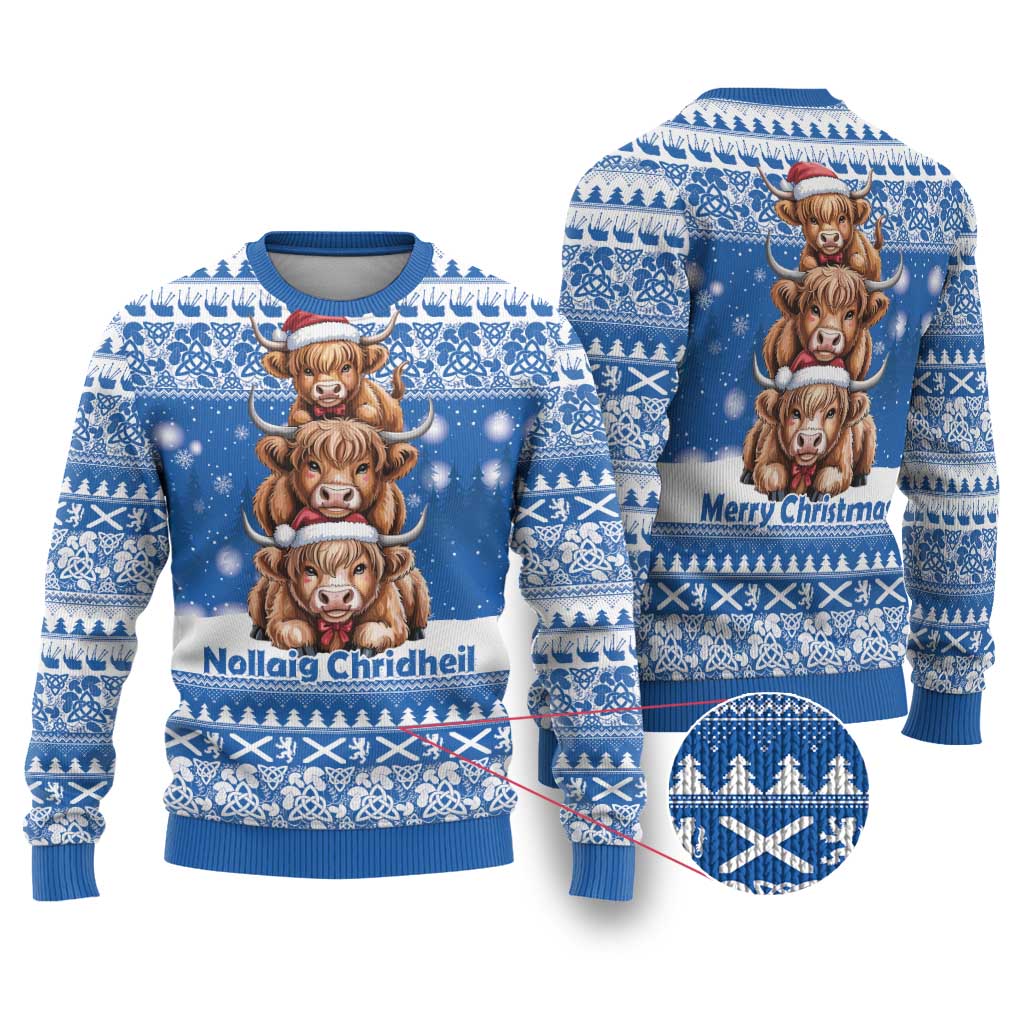 Scotland Highland Cow Christmas Ugly Christmas Sweater Nollaig Chridheil Blue Winter - Wonder Print Shop