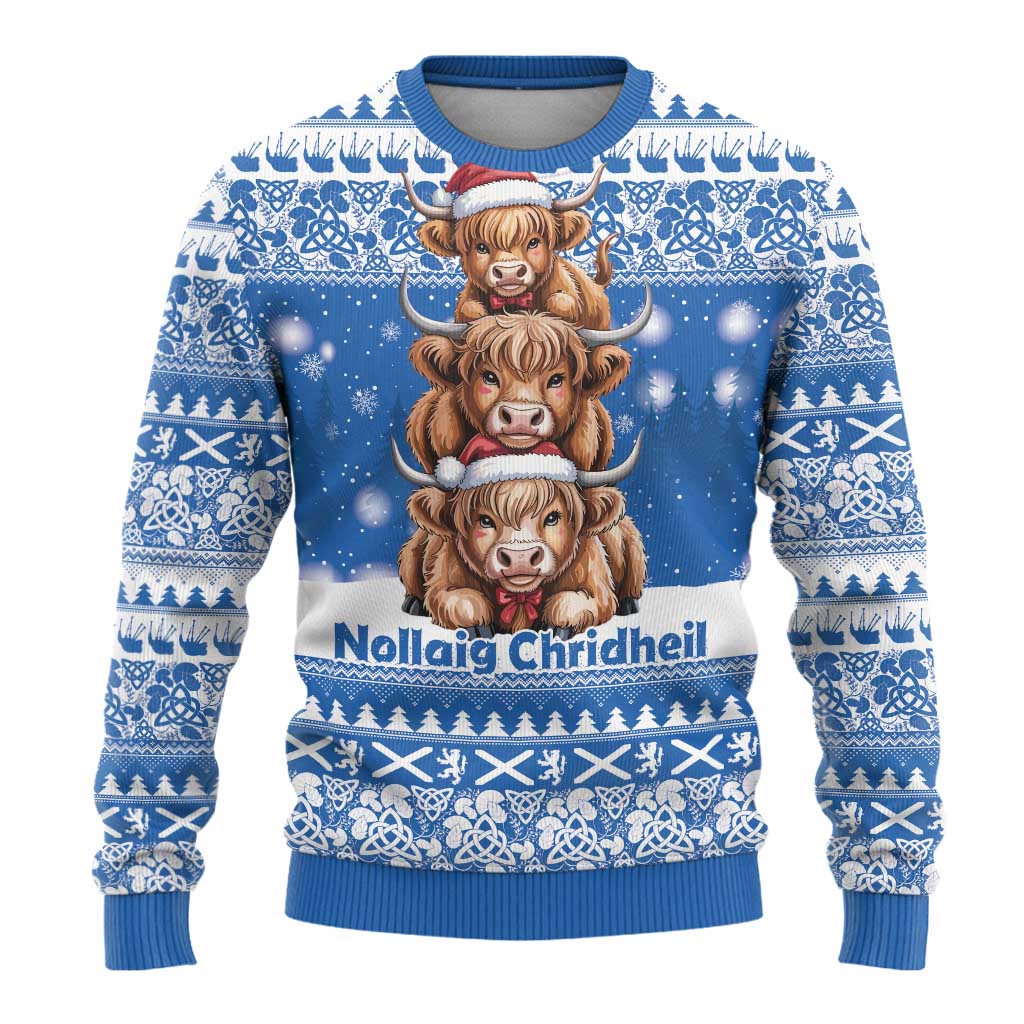 Scotland Highland Cow Christmas Ugly Christmas Sweater Nollaig Chridheil Blue Winter - Wonder Print Shop