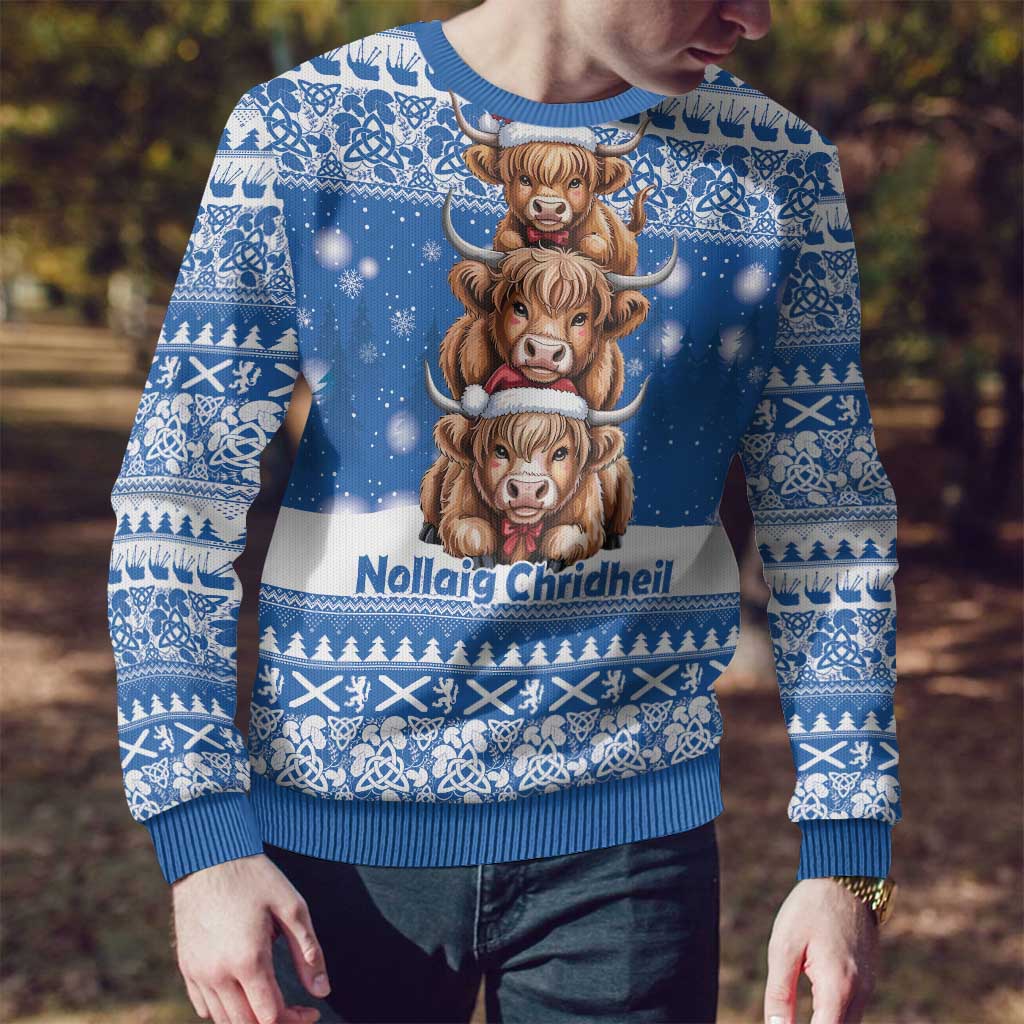 Scotland Highland Cow Christmas Ugly Christmas Sweater Nollaig Chridheil Blue Winter - Wonder Print Shop