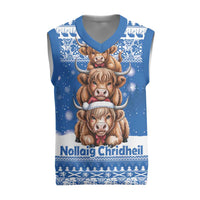 Scotland Highland Cow Christmas Knitted V-Neck Vest Nollaig Chridheil Blue Winter - Wonder Print Shop