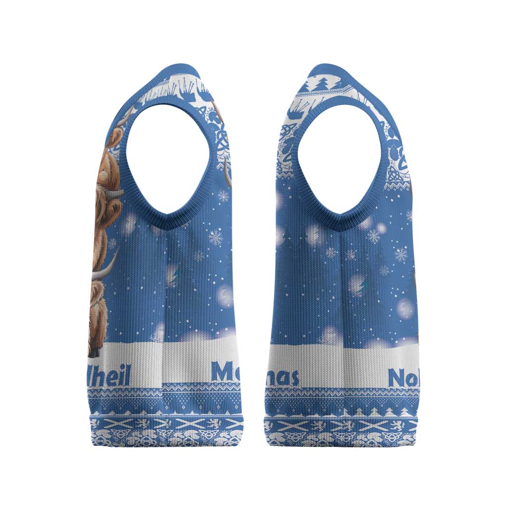Scotland Highland Cow Christmas Knitted V-Neck Vest Nollaig Chridheil Blue Winter - Wonder Print Shop