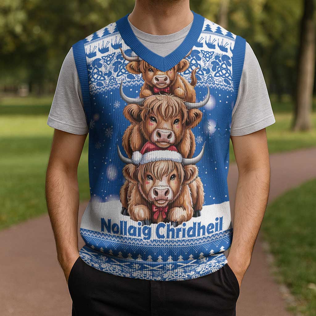 Scotland Highland Cow Christmas Knitted V-Neck Vest Nollaig Chridheil Blue Winter - Wonder Print Shop