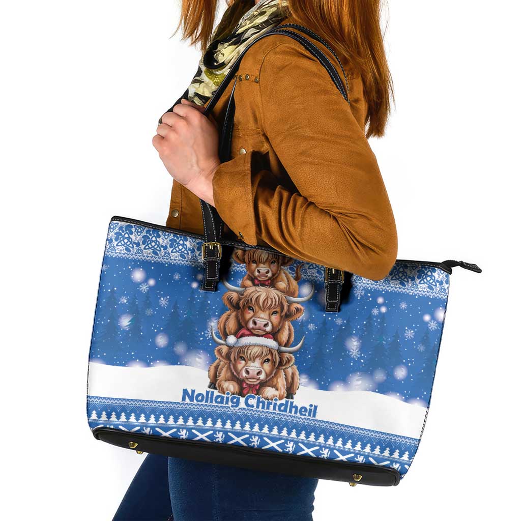 Scotland Highland Cow Christmas Leather Tote Bag Nollaig Chridheil Blue Winter - Wonder Print Shop
