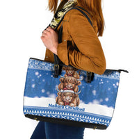 Scotland Highland Cow Christmas Leather Tote Bag Nollaig Chridheil Blue Winter - Wonder Print Shop