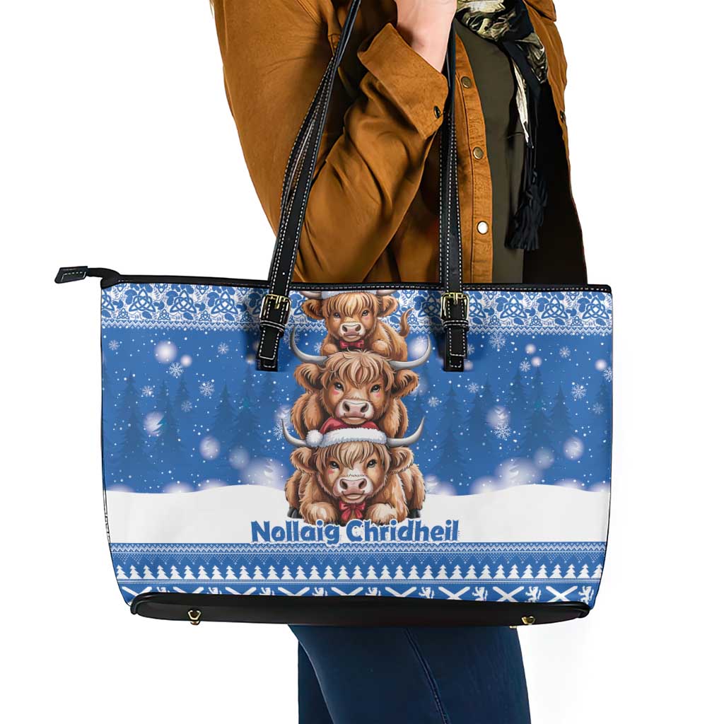 Scotland Highland Cow Christmas Leather Tote Bag Nollaig Chridheil Blue Winter - Wonder Print Shop