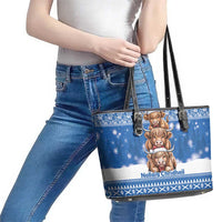 Scotland Highland Cow Christmas Leather Tote Bag Nollaig Chridheil Blue Winter - Wonder Print Shop