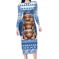 Scotland Highland Cow Christmas Long Sleeve Bodycon Dress Nollaig Chridheil Blue Winter - Wonder Print Shop