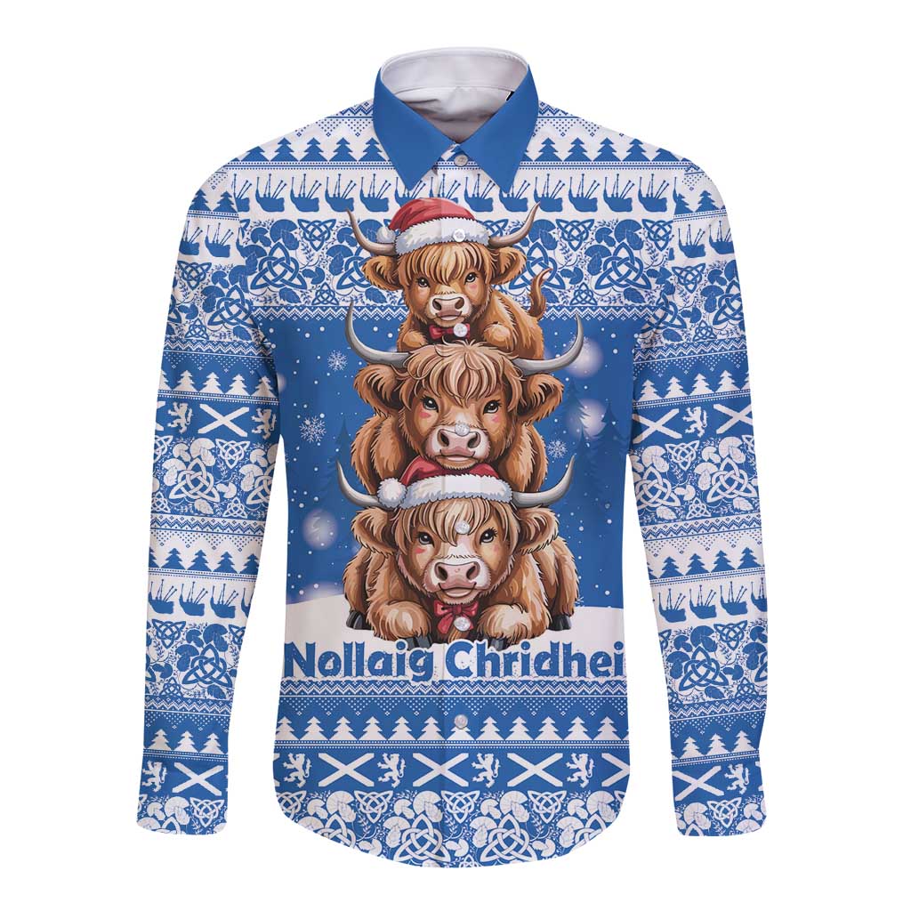 Scotland Highland Cow Christmas Long Sleeve Button Shirt Nollaig Chridheil Blue Winter - Wonder Print Shop